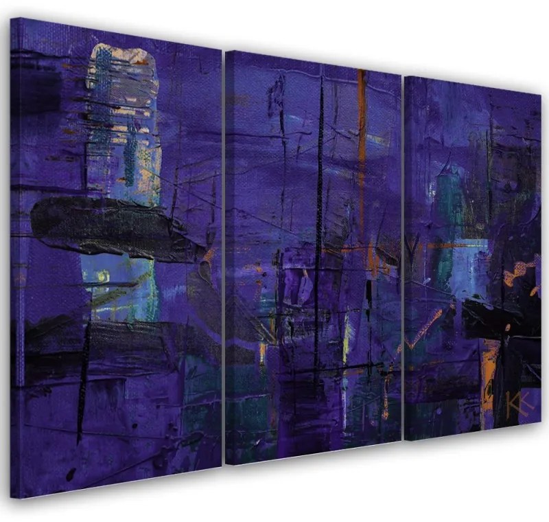 Quadro su tela 3  pannelli, Astrazione dipinta a mano viola  Dimensioni 90x60