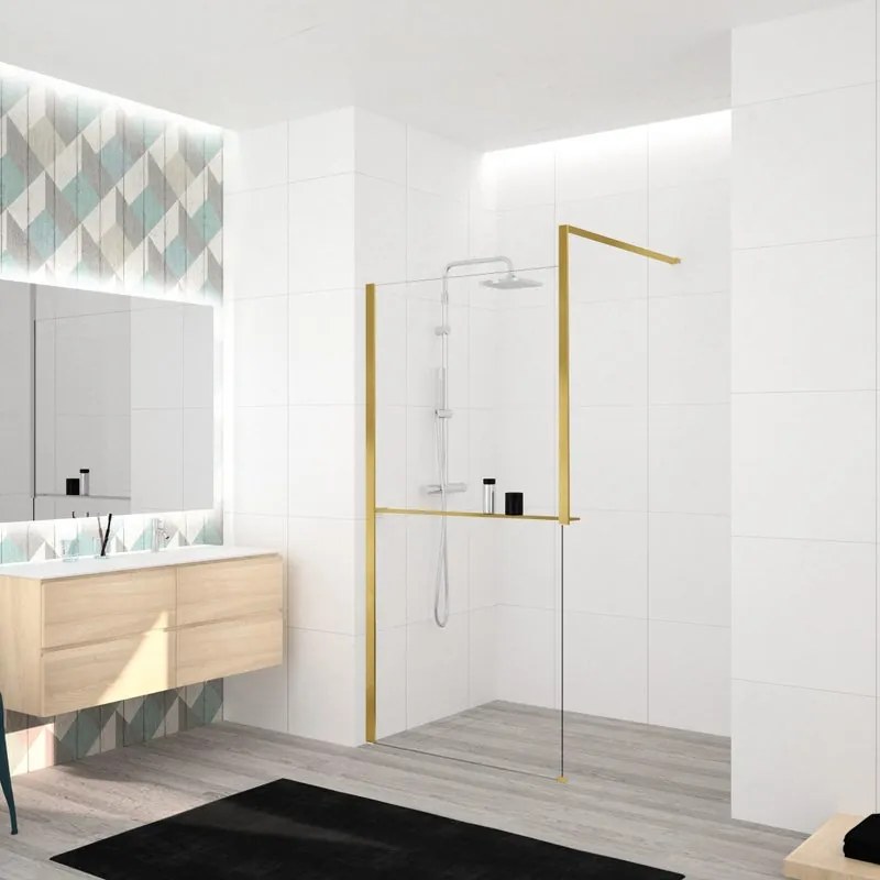 Box doccia walk-in Elidesign, vetro 8 mm, L max 140 cm x H 200 cm, profilo dorato