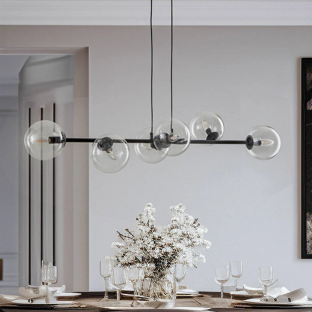 EMIBIG LIGHTING Lampada a sospensione Glassy, a 6 luci, nera, trasparente, vetro, 110 cm