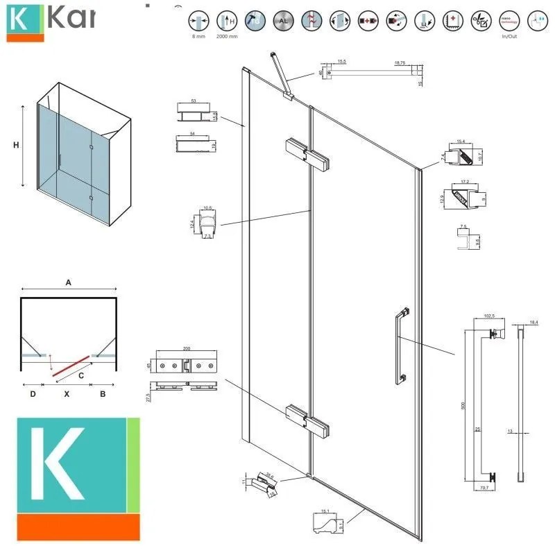 Kamalu - porta doccia 155 cm battente e 2 fissi oro spazzolato | kt6000g