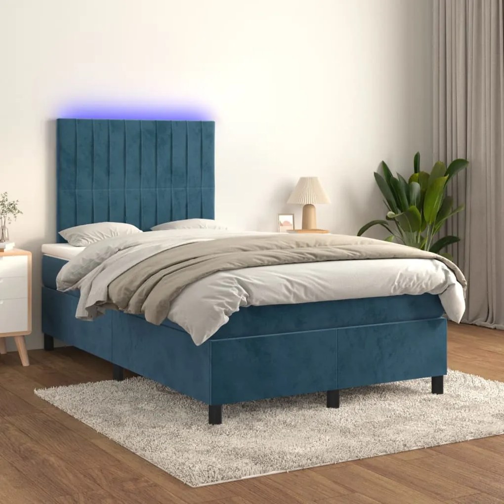 Letto a molle materasso e led blu scuro 120x190 cm in velluto