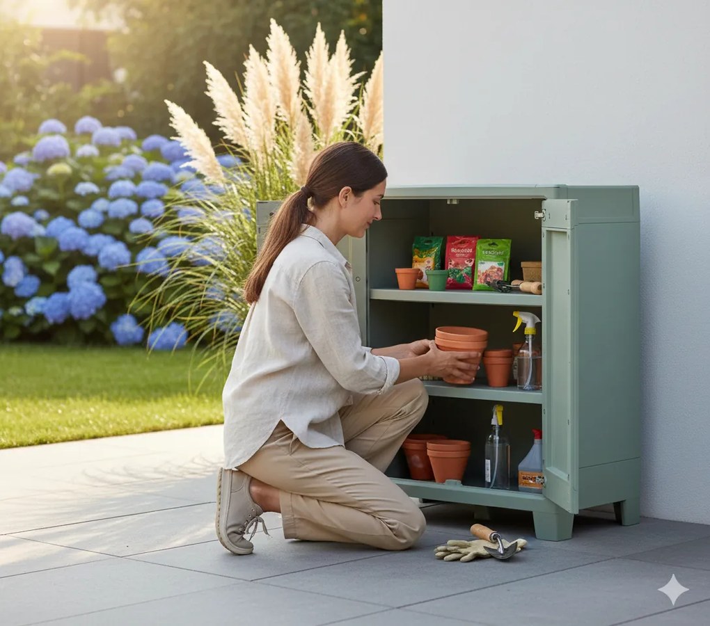 Armadio da Giardino 2 Ripiani 80x44x100 cm Keter Planet Outdoor Basso Grigio e Verde...