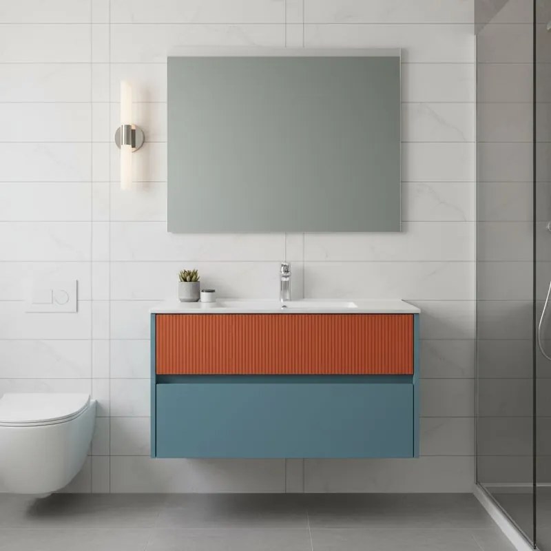 Mobile da bagno sospeso sotto lavabo Niwa 2 cassetti L 89.5 x H 50 x P 45.5 cm blu pacifico e paprika cannettato