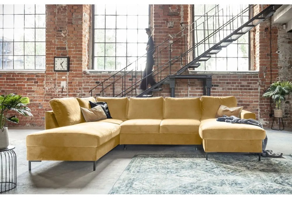 Divano letto a U in velluto giallo senape, angolo sinistro Lofty Lilly - Miuform
