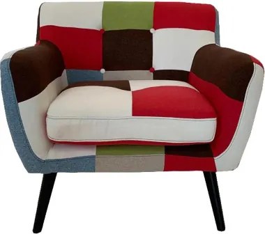 Poltrona in tessuto patchwork 84 cm con gambe in legno massello seduta imbottita