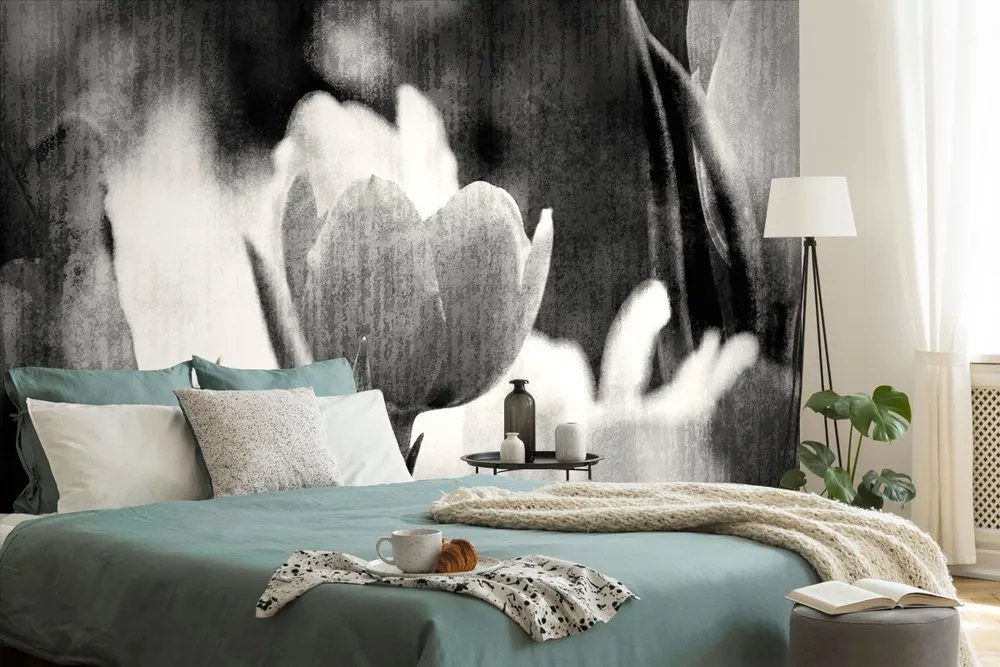 Carta da parati – Tulipani in bianco e nero in stile retrò