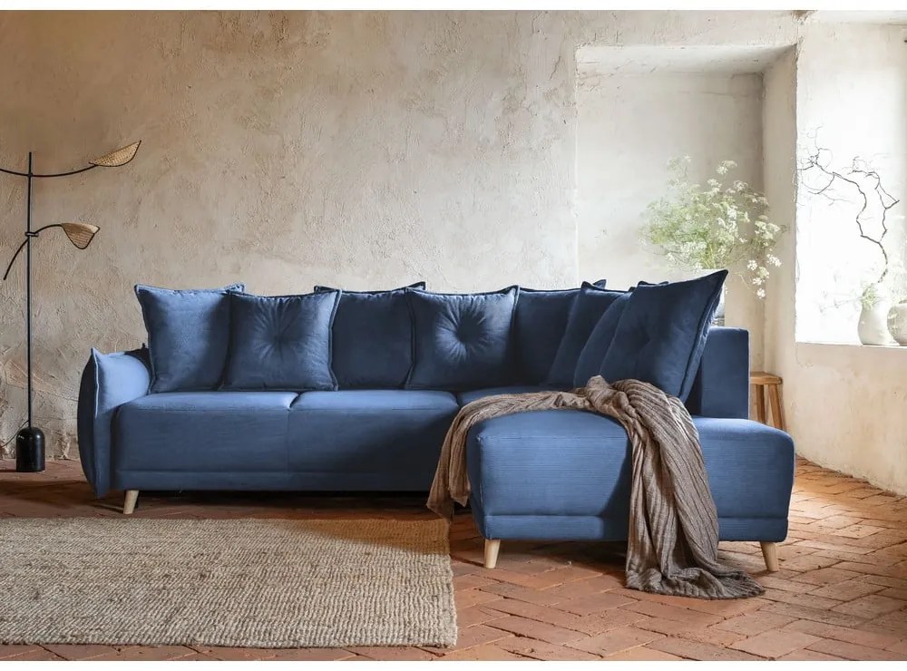 Divano letto angolare in velluto a coste blu scuro (angolo destro) Lazy Lukka - Miuform