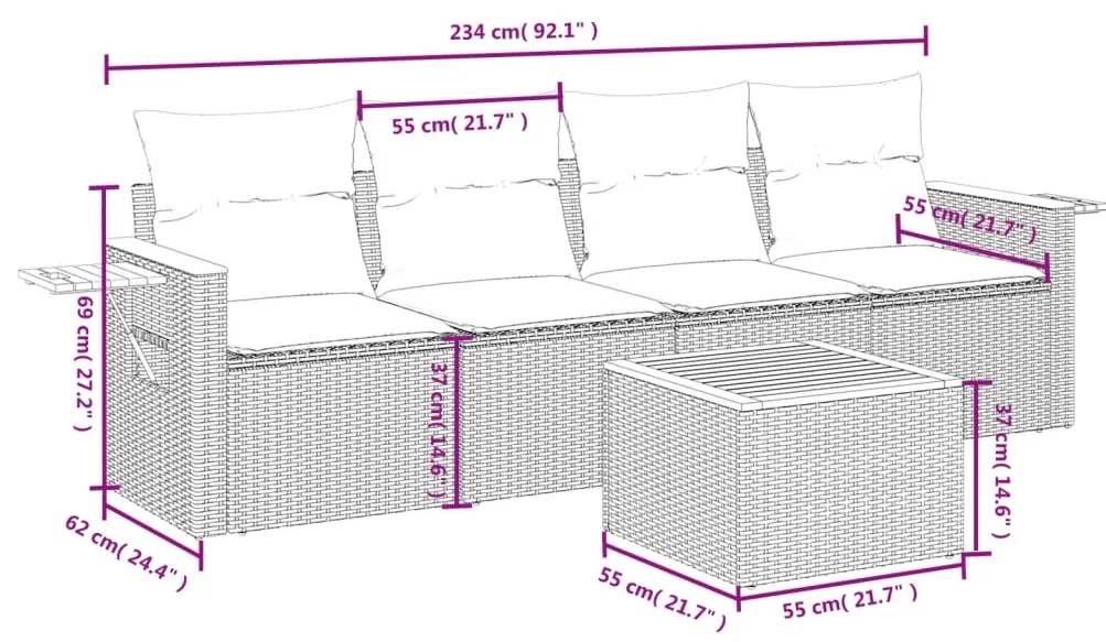 Set divano da giardino 5 pz con cuscini beige in polyrattan