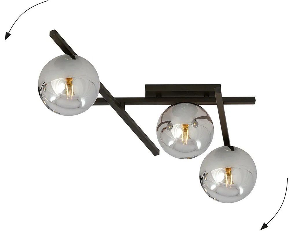 Plafoniera Moderna 3 Luci Teti In Acciaio Nero Bracci Regolabili E Vetro Fumè