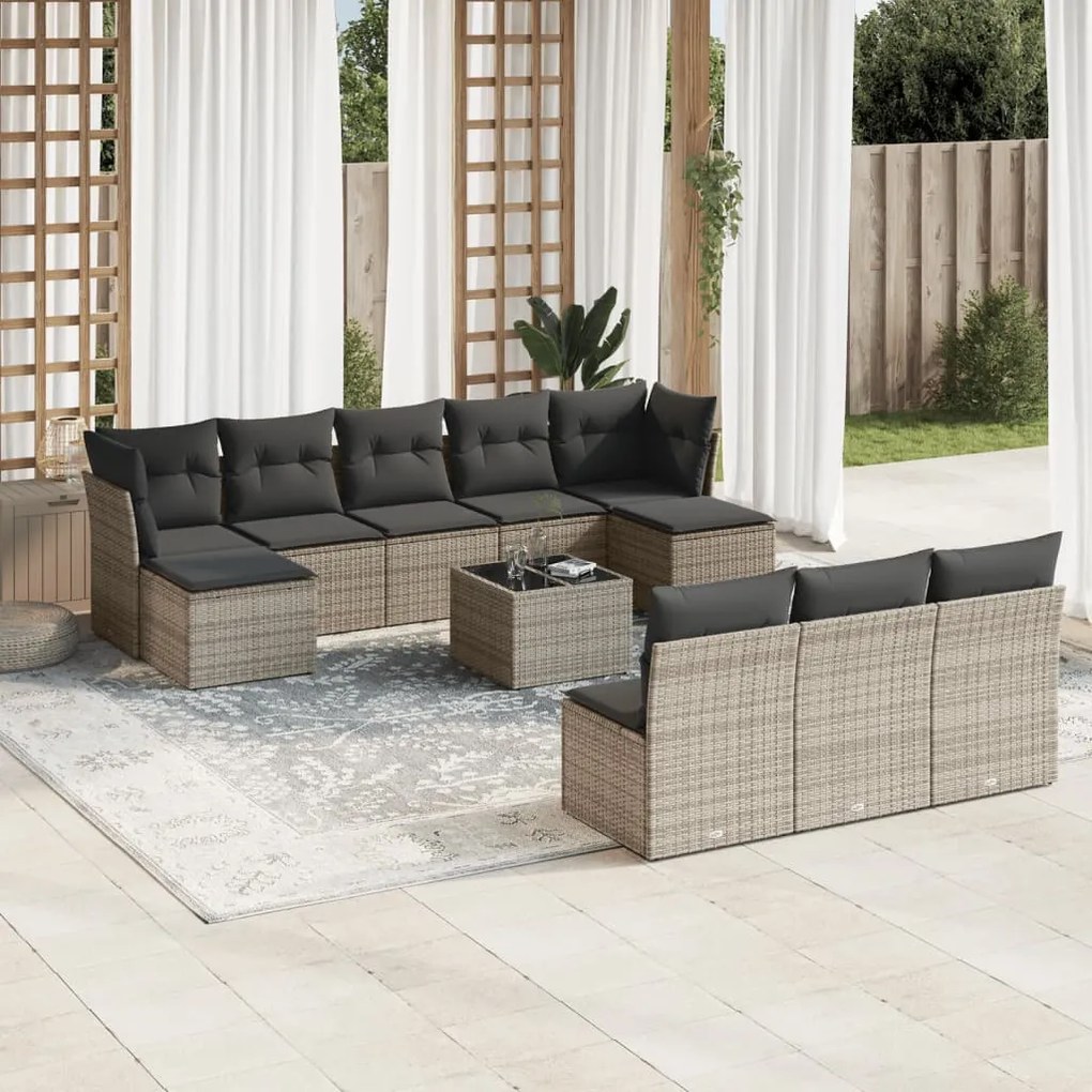 Set divani da giardino 11 pz con cuscini in polyrattan grigio