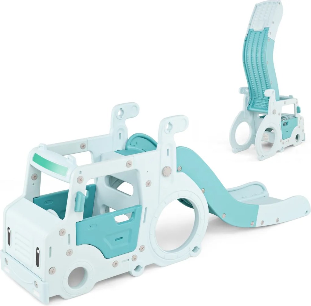 Costway Scivolo per bambini 18 mesi+ 3-in-1 con casa giocattolo a forma di autobus corrimano rialzati, Set di gioco interno Blu