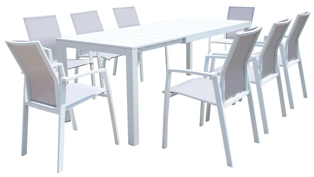 ALASKA - set tavolo in alluminio cm 148/214 x 85 x 75,5 h con 8 poltrone Lotus