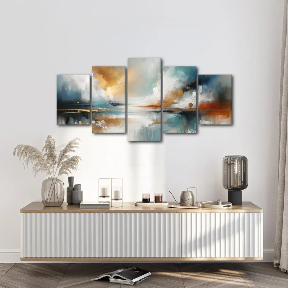 Quadri 5 pezzi – Paesaggio astratto con lago