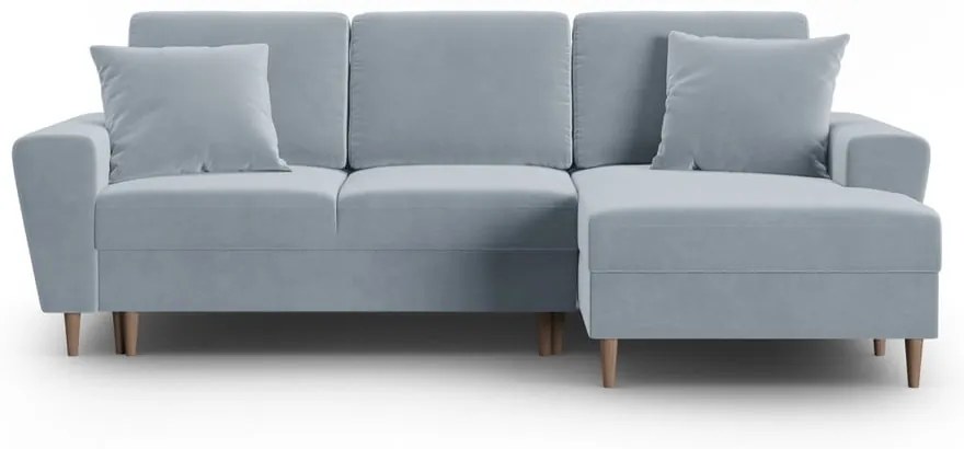 Divano angolare azzurro allungabile e con contenitore (con penisola a destra/con chaise lounge) con rivestimento in velluto Kyoto – Cosmopolitan Design