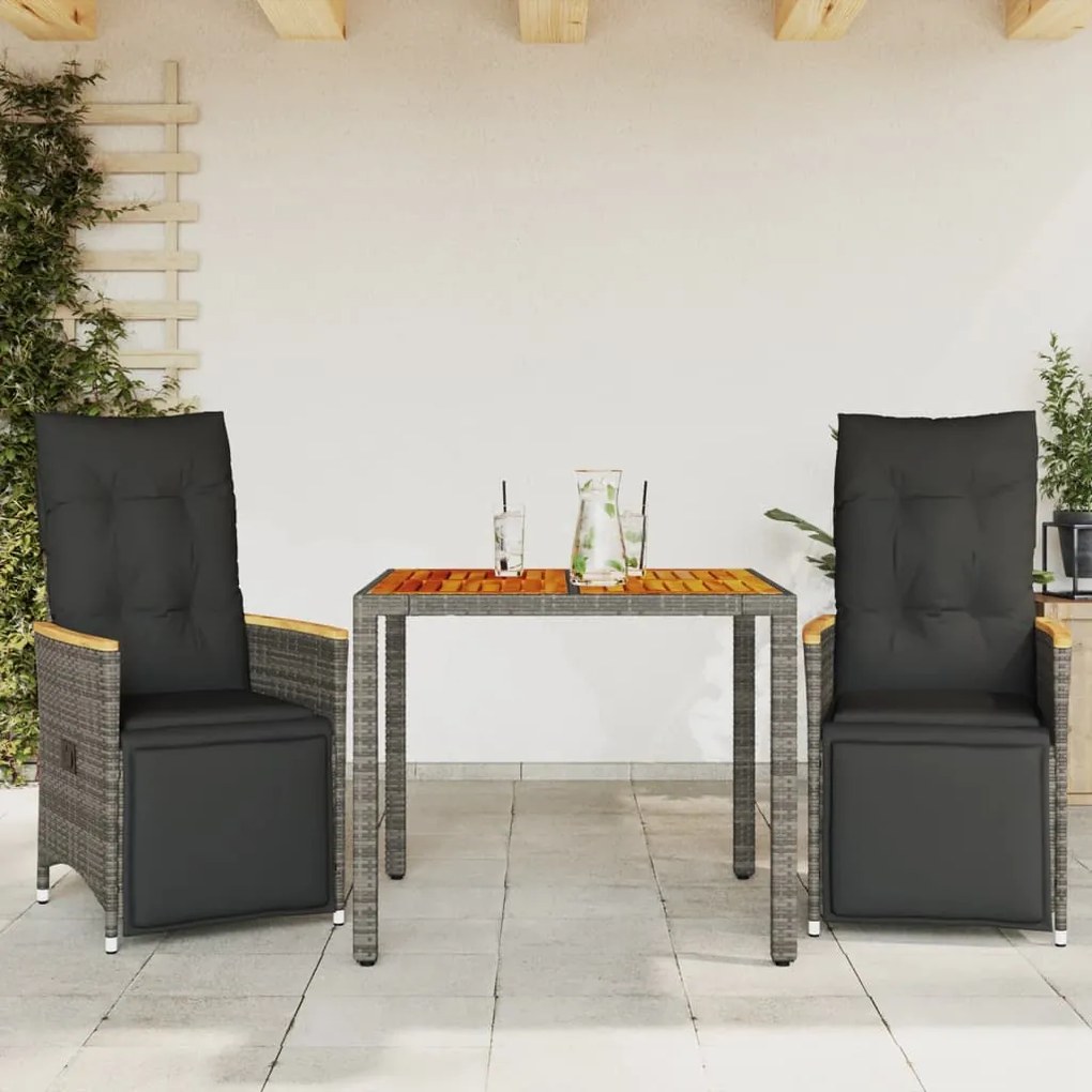Set Bistrò Da Giardino 3 Pz Con Cuscini İn Polyrattan Grigio /
