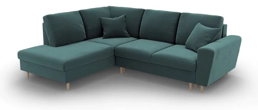 Divano angolare color petrolio allungabile e con contenitore (con penisola a sinistra/a L) con rivestimento in velluto Kyoto – Cosmopolitan Design