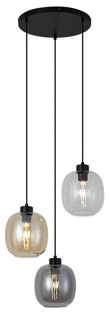 Lampada a sospensione nera con vetro ambrato, fumé e trasparente a 3 luci - Elena