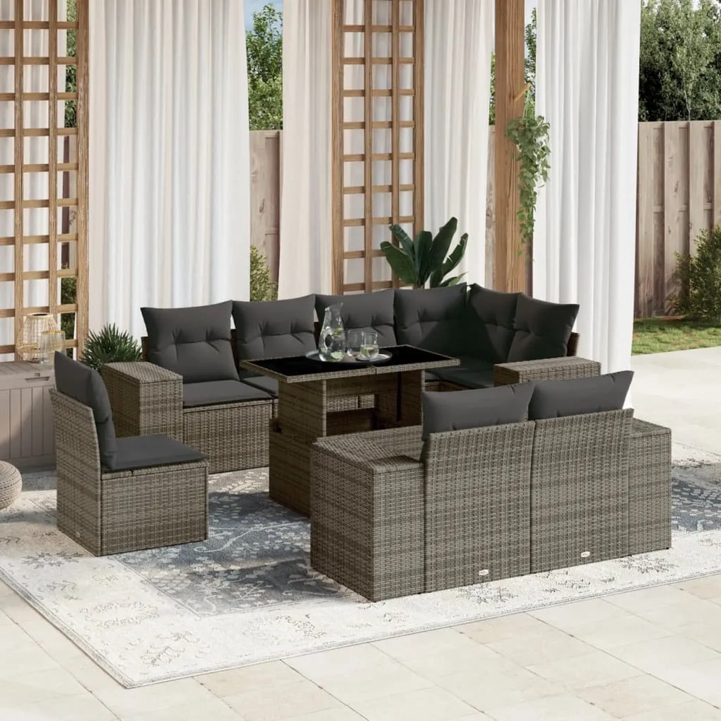 Set divano da giardino 9 pz con cuscini grigio in polyrattan