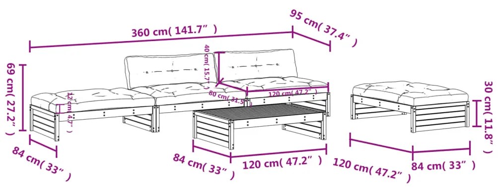 Set Divani da Giardino 5pz con Cuscini Legno Impregnato di Pino