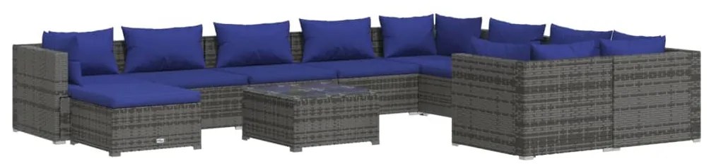 Set Divani da Giardino 11 pz con Cuscini in Polyrattan Grigio