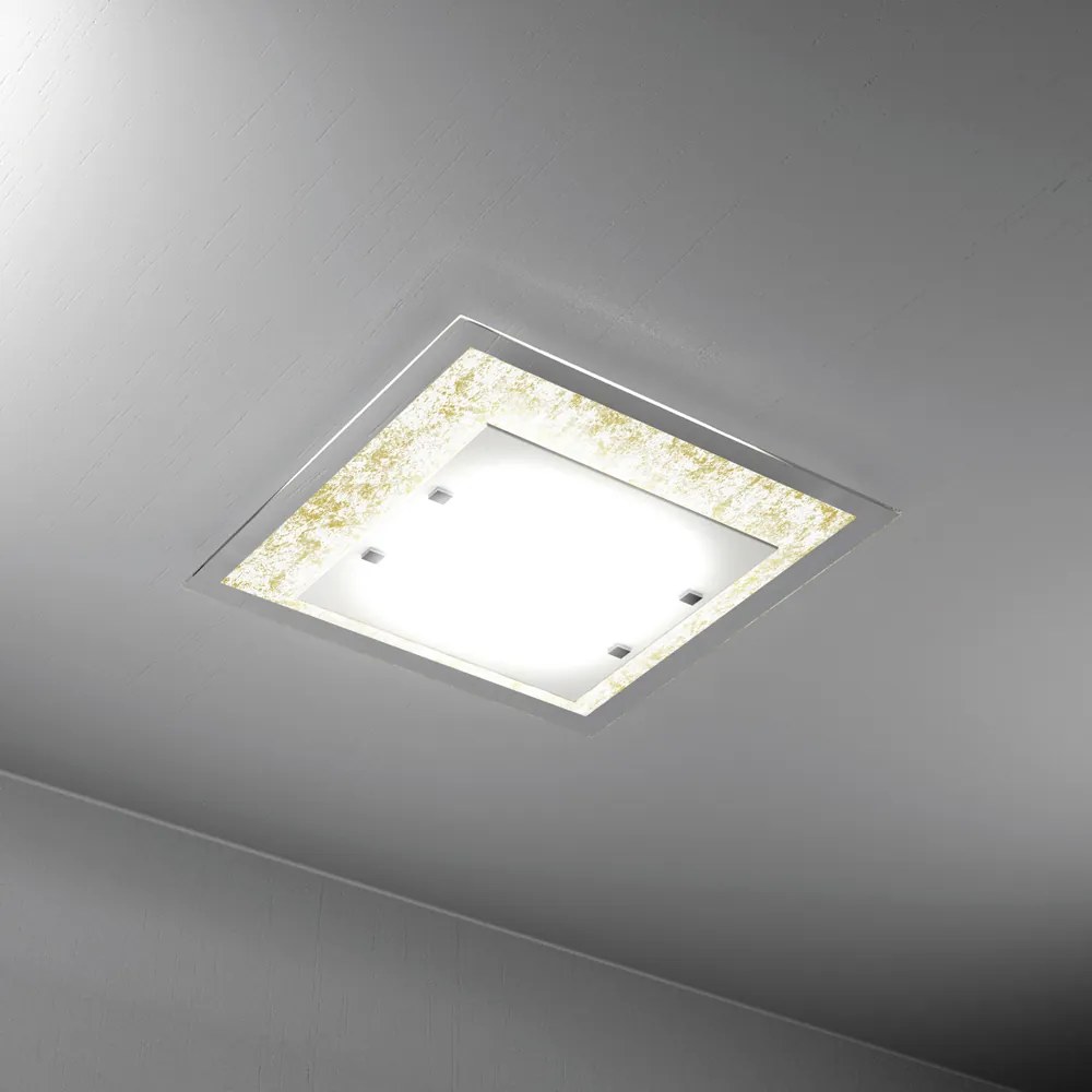 Plafoniera Moderna Tray Metallo Bianco Vetro Foglia Oro 2 Luci E27