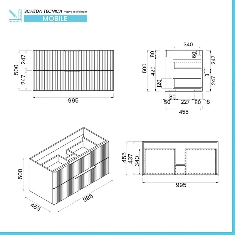 Mobile bagno sospeso 100 cm grigio cannettato con lavabo e specchio tondo Zena