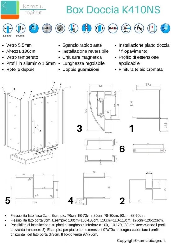 Kamalu - Box doccia 140x70 vetro serigrafato laterale fisso 70cm alezza 180 cm  K410NS