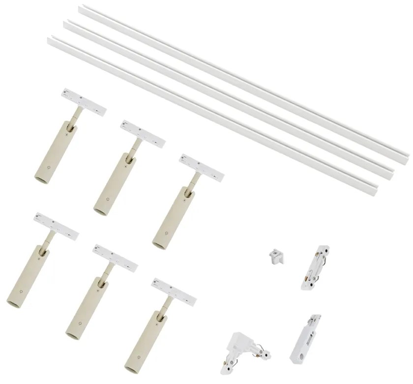 Sistema di illuminazione su binario moderno con 6 faretti beige e bianchi monofase - Slimline Uzzy