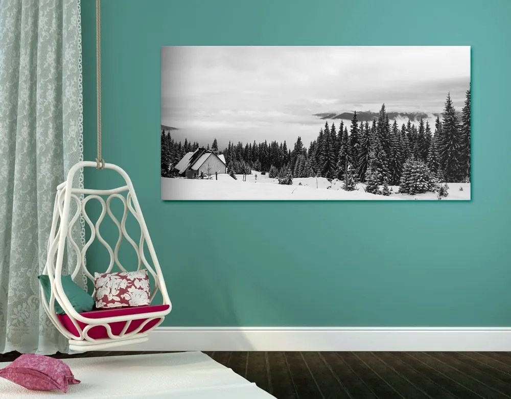 Quadro su tela – Casetta nella natura innevata in bianco e nero