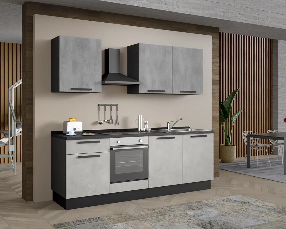 Cucina montata Dora bianco e grigio chiaro, lavello a destra, L.240 cm, completa di: cappa a camino, piano cottura a induzione e forno