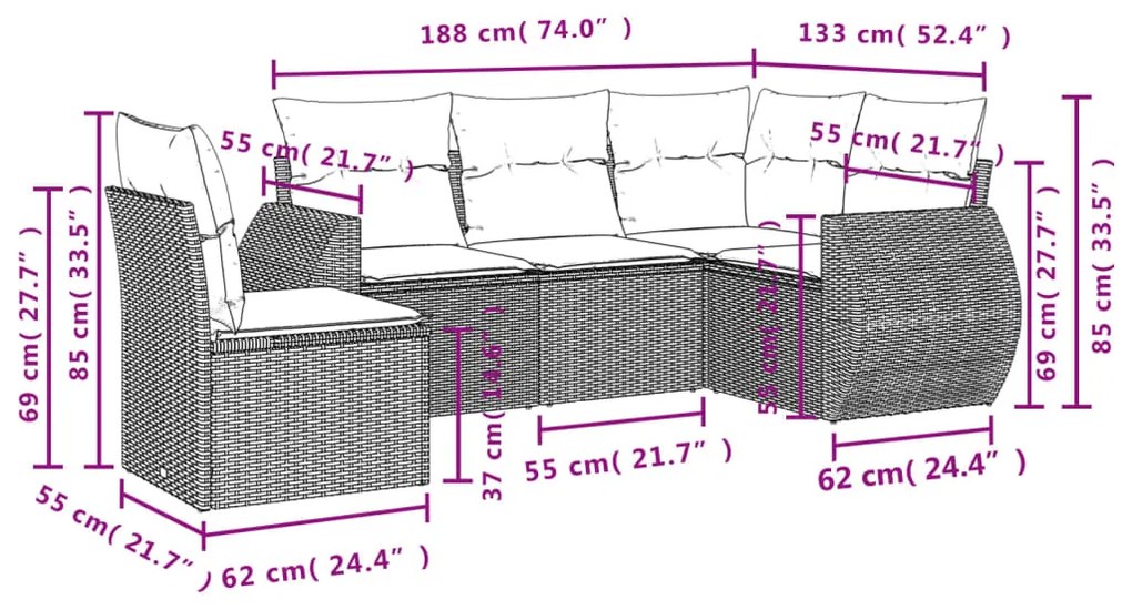 Set Divano da Giardino 5 pz con Cuscini Beige in Polyrattan