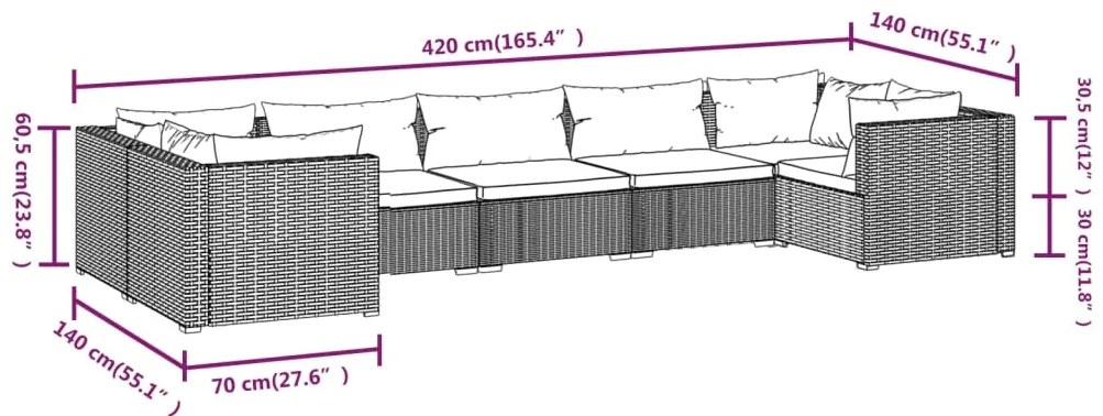 Set Divani da Giardino 7 pz con Cuscini in Polyrattan Grigio