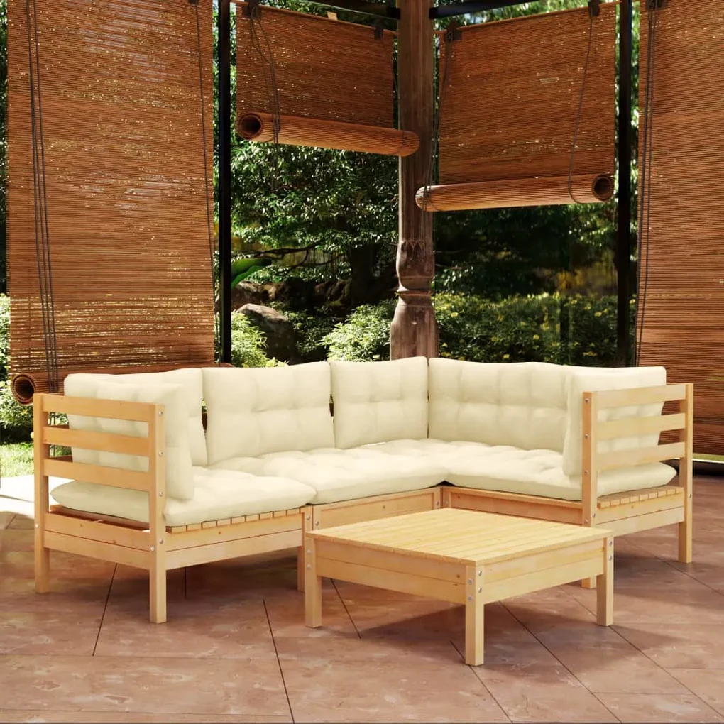 Set divani da giardino 5 pz con cuscini crema massello di pino