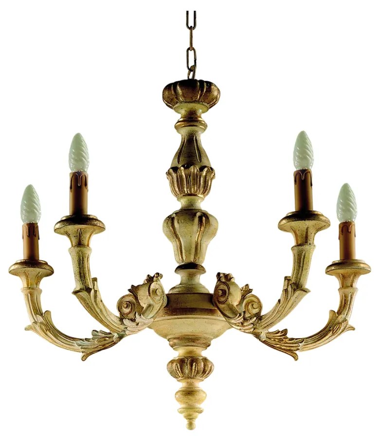 Lampadario In Legno Classico Giallo Crema Sbiancato 5 Luci Rondone