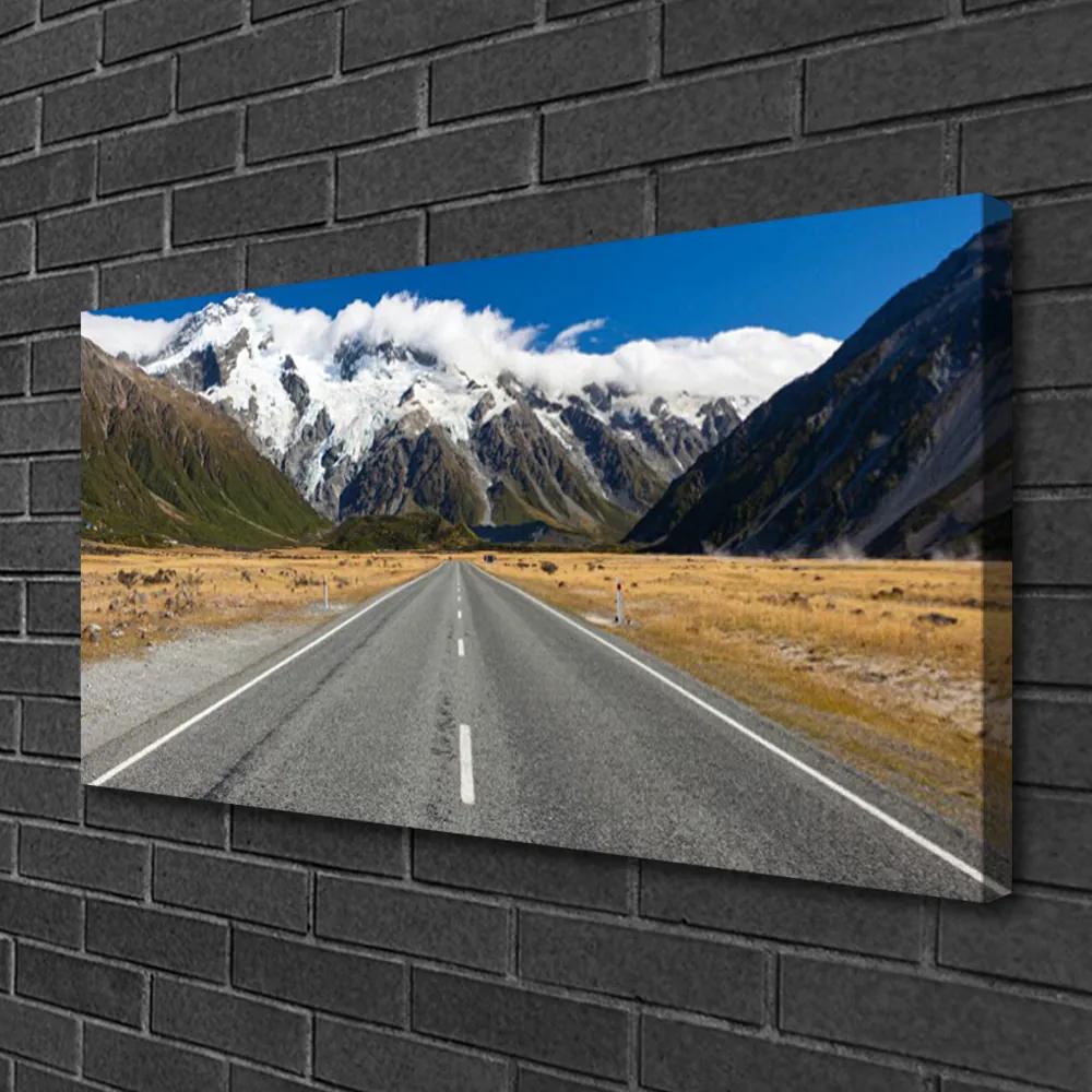 Quadro stampa su tela Strada al paesaggio di neve di montagna 100x50 cm