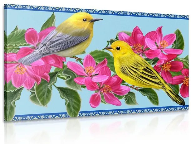 Quadro su tela – Uccellini e fiori in versione vintage