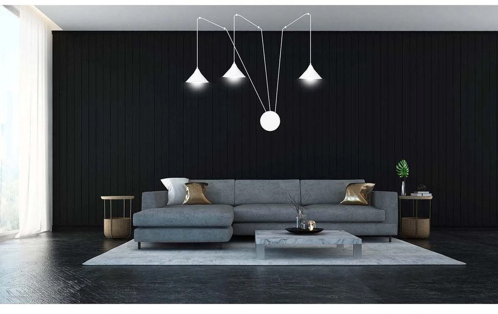 Sospensione Minimal 3 Luci Fujin In Acciao Bianco E Paralume A Cono