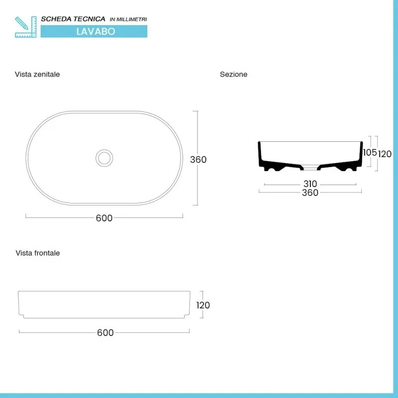 Lavabo da appoggio ovale 60 in ceramica bianco lucido Epsilon