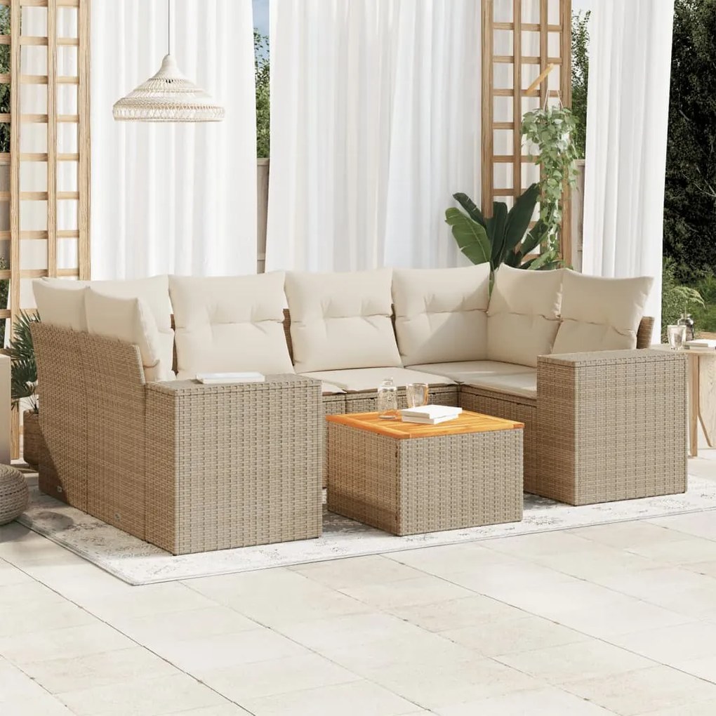 Set Divani da Giardino 7 pz con Cuscini Beige in Polyrattan