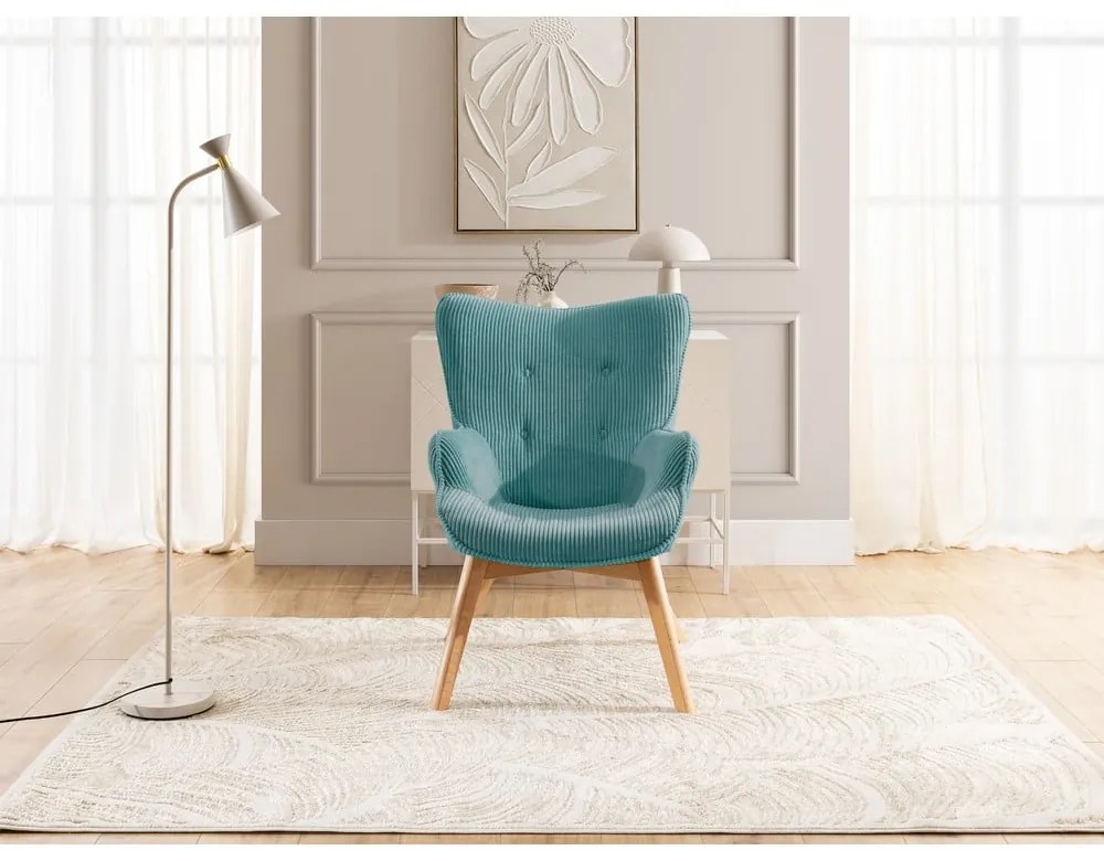 Poltrona con poggiapiedi turchese con rivestimento in velluto a coste Niko – Ropez
