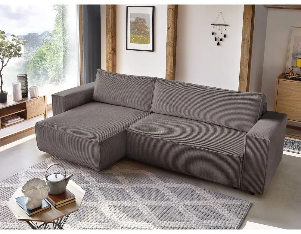 Divano angolare grigio tortora allungabile/con contenitore con rivestimento in velluto a coste Nihad – Bobochic Paris