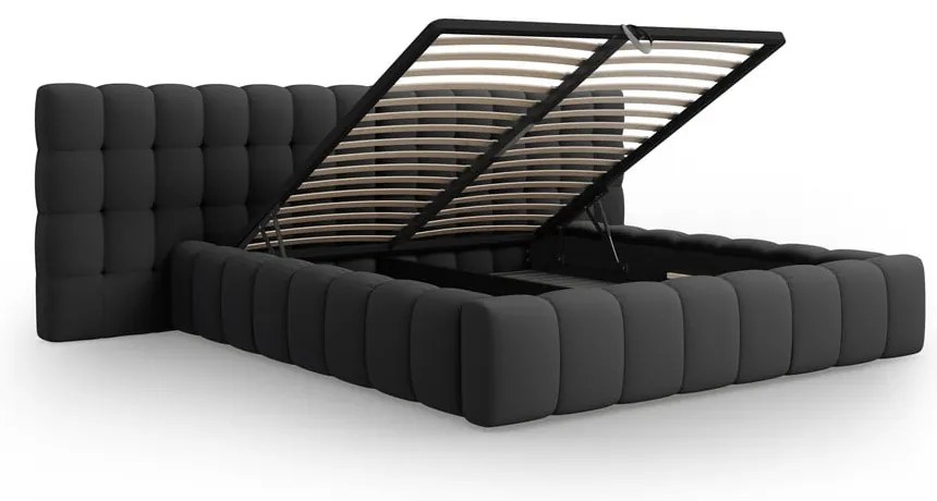 Letto matrimoniale imbottito nero con spazio contenitivo e rete 160x200 cm Mamaia - Micadoni Home