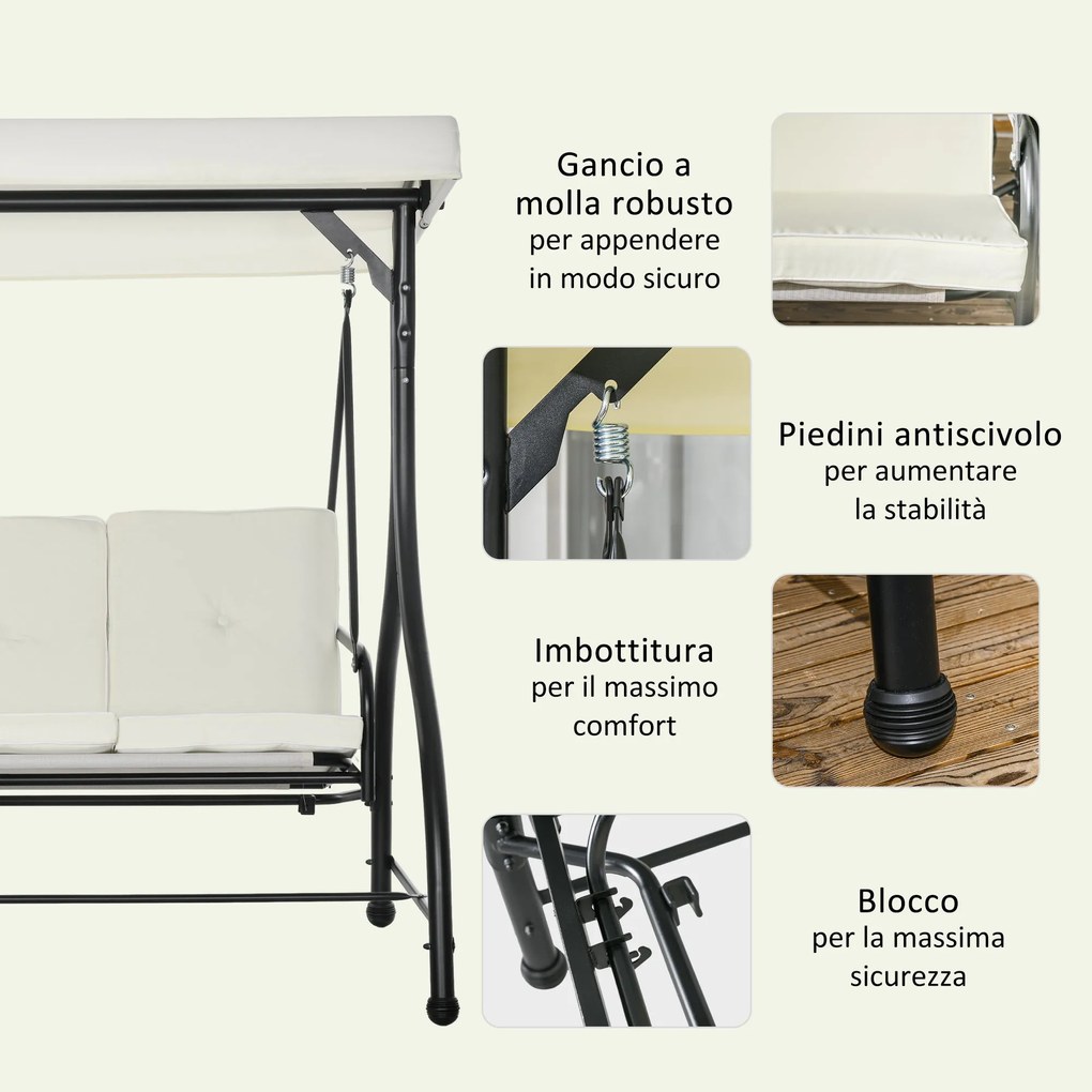 Dondolo Letto da Giardino 3 Posti con Tettuccio Regolabile 195x117x175 cm in Acciaio e Poliestere Crema e Nero...