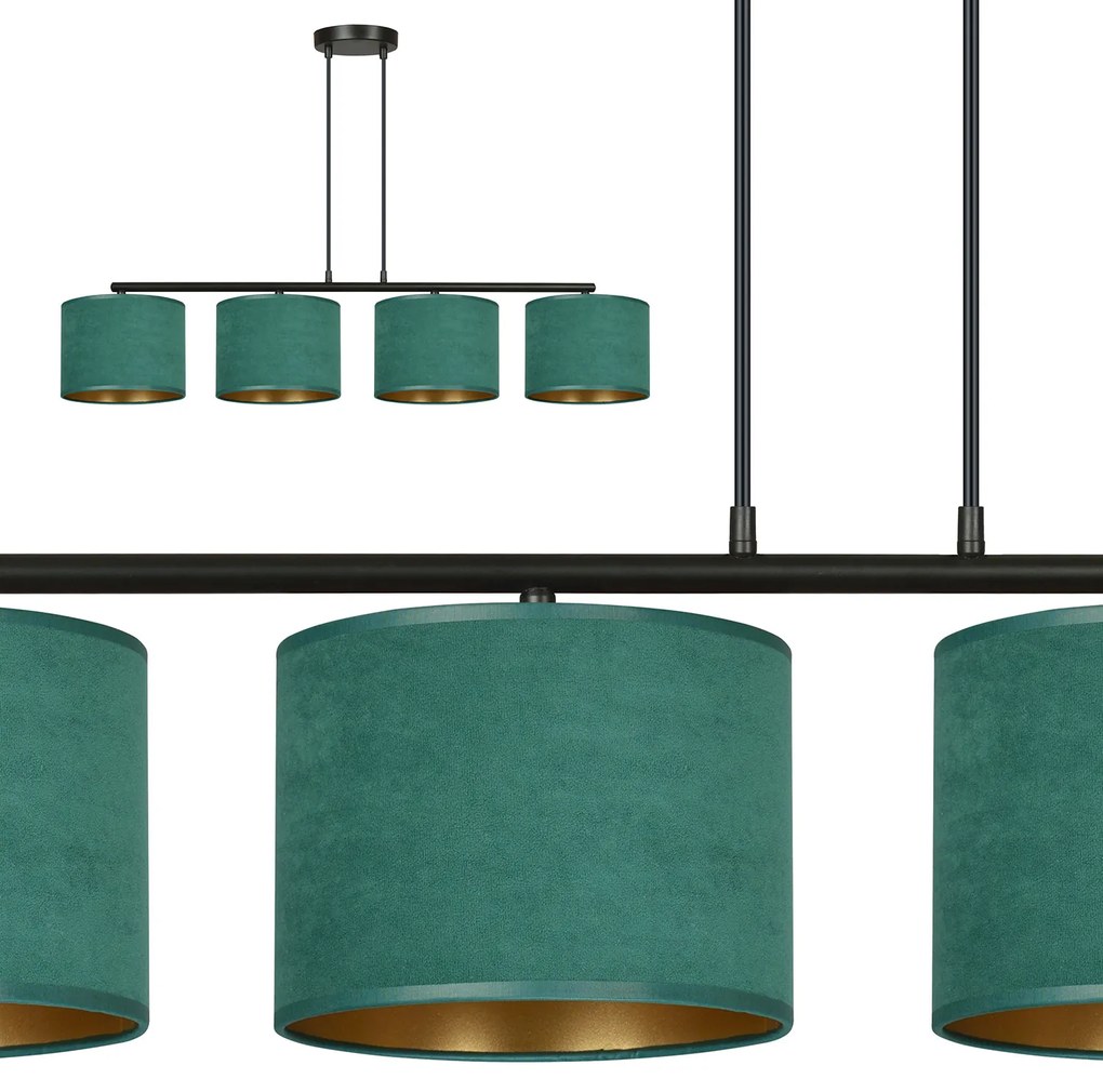 Lampadario 4 Luci Ganesha In Acciaio Nero E Paralumi In Tessuto Verde