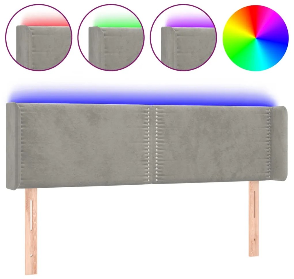 Testiera grigio chiaro a led 147x16x78/88 cm in velluto