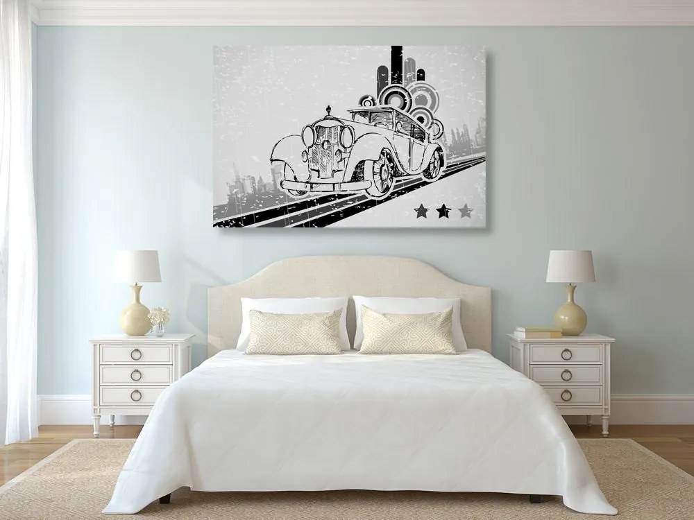 Quadro su tela – Auto in bianco e nero con sfondo vintage