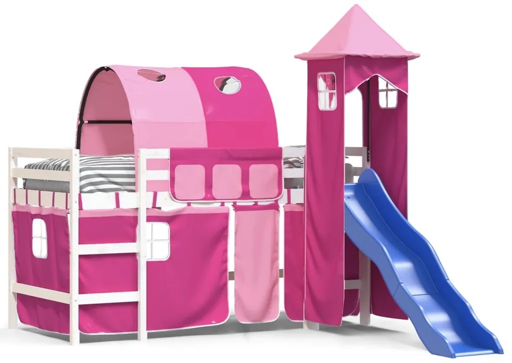 Letto a soppalco con torre bambini rosa 90x200cm massello pino