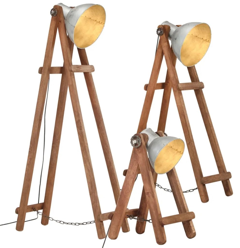 Lampade Da Pavimento 3 Pz Argento E27 İn Massello Di Mango /