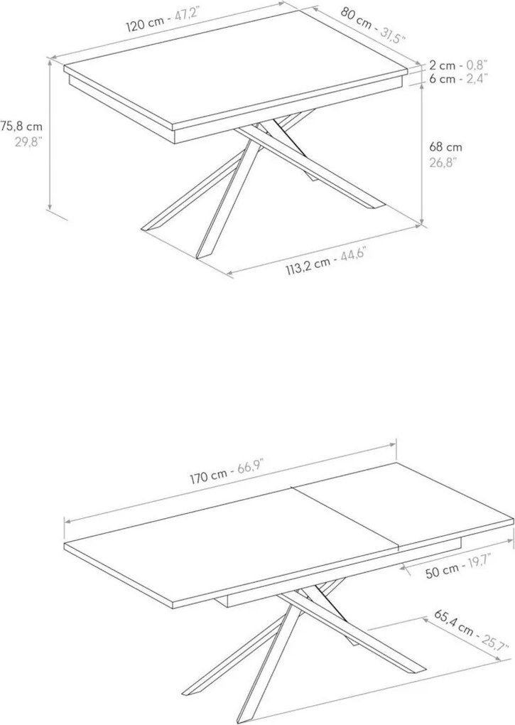 Tavolo VOLPAIA in legno, finitura bianco frassinato e base in metallo verniciato bianco, allungabile 120&#215;80 cm &#8211; 170&#215;80 cm