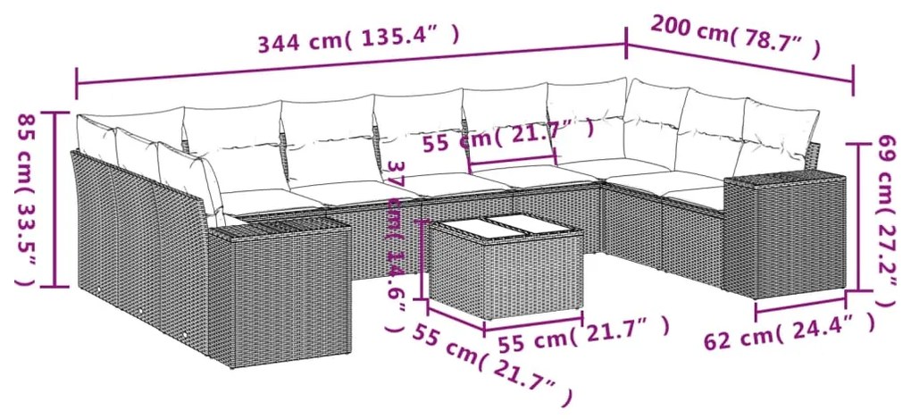 Set divani da giardino 11 pz con cuscini in polyrattan grigio